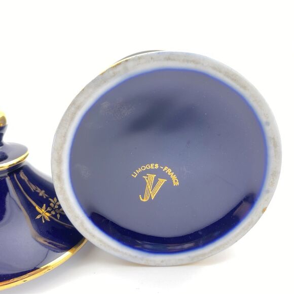 Limoges France Porcelain Trinket Jar Blue Gold Trim w/ Lid - Picture 6 of 7